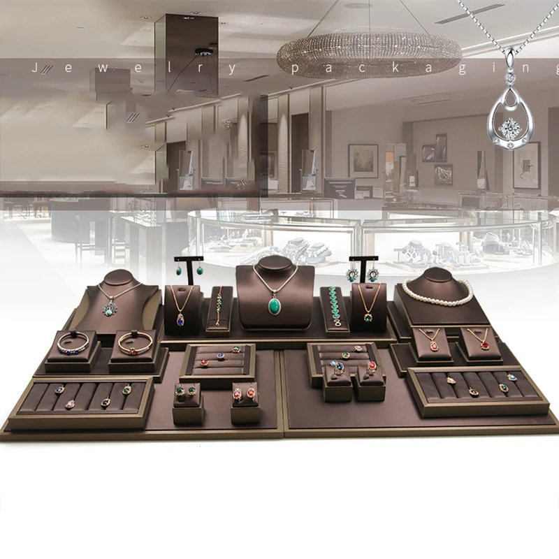 Brown Pu Leather Jewelry Display Stand Ring Earrings Necklace Pendant Bracelet Storage Display Stand