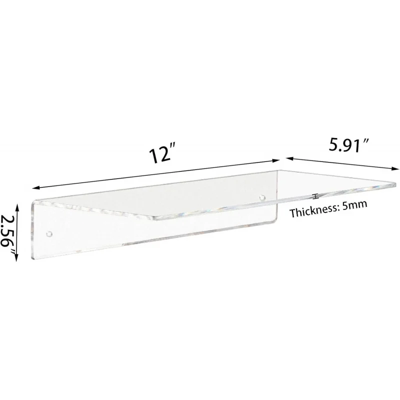 Prateleiras acrílicas transparentes de 12 polegadas, prateleira flutuante montada na parede, conjunto de 2