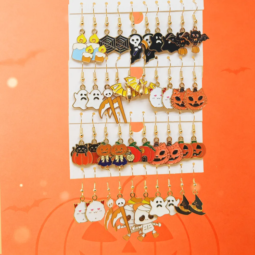 20 Pairs Halloween Alloy Enamel Earrings, Cartoon Pumpkin Candle Bat Series Earrings, Halloween Vibe Dangle Earrings