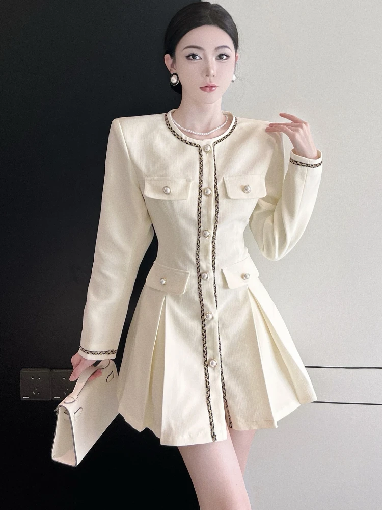 Korea Vintage Elegant O-neck Single Breasted A-line Mini Work Dress Office 2023 Autumn Winter Female Long Sleeve Women Dress