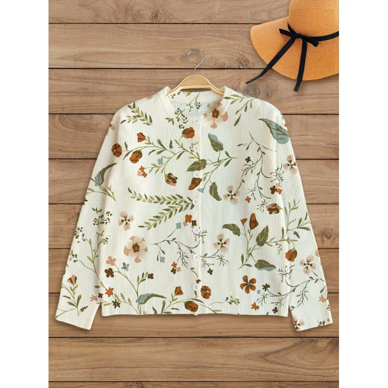 

Elegant Floral Botanical Digital Print Women’s Sweater Knit Cardigan Loose Fit Crew Neck Long Sleeve Button Thickened Autumn