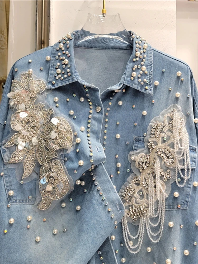 Women\'s Denim Shirt Loose Embroidered Flares Pearls Flowers Chains Patchwork Thin Blouse 2024 Summer New Fashion