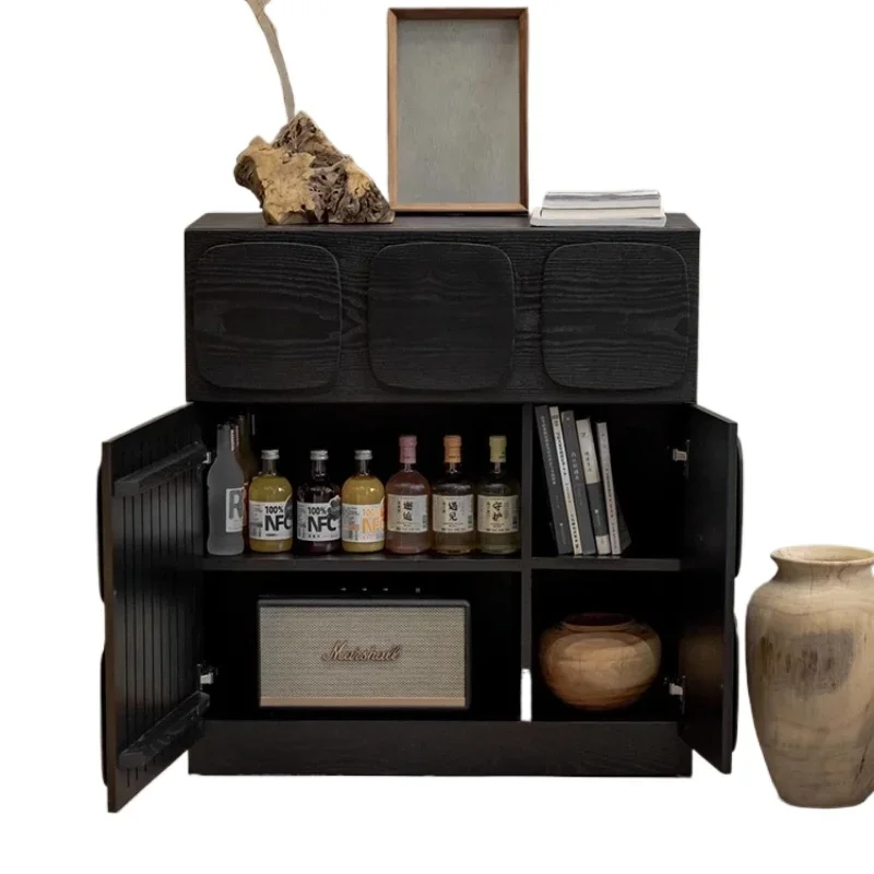 

French medieval solid wood dining side cabinet, home living room storage retro black entrance cabinet