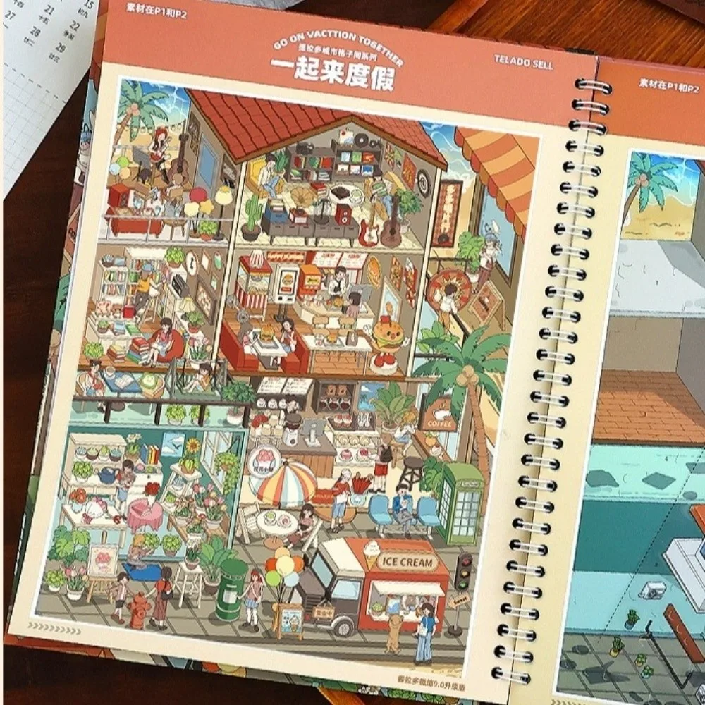 3D Design Scene Sticker Book Opaque Stickers Multi Style Miniature City Sticker Book Self-Adhesive Waterproof DIY Sticker