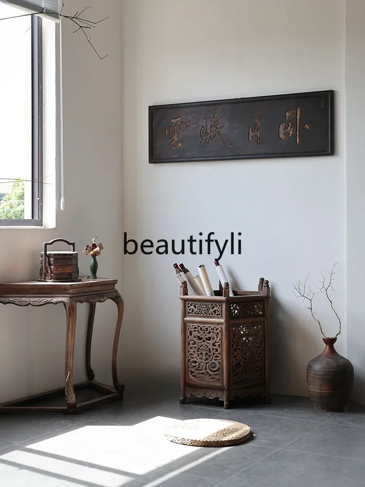 LXPainting and Calligraphy Barrel Solid Wood Chinese Furniture Objects Imitation Antique Classical Storage Barrel OrnamentSSS
