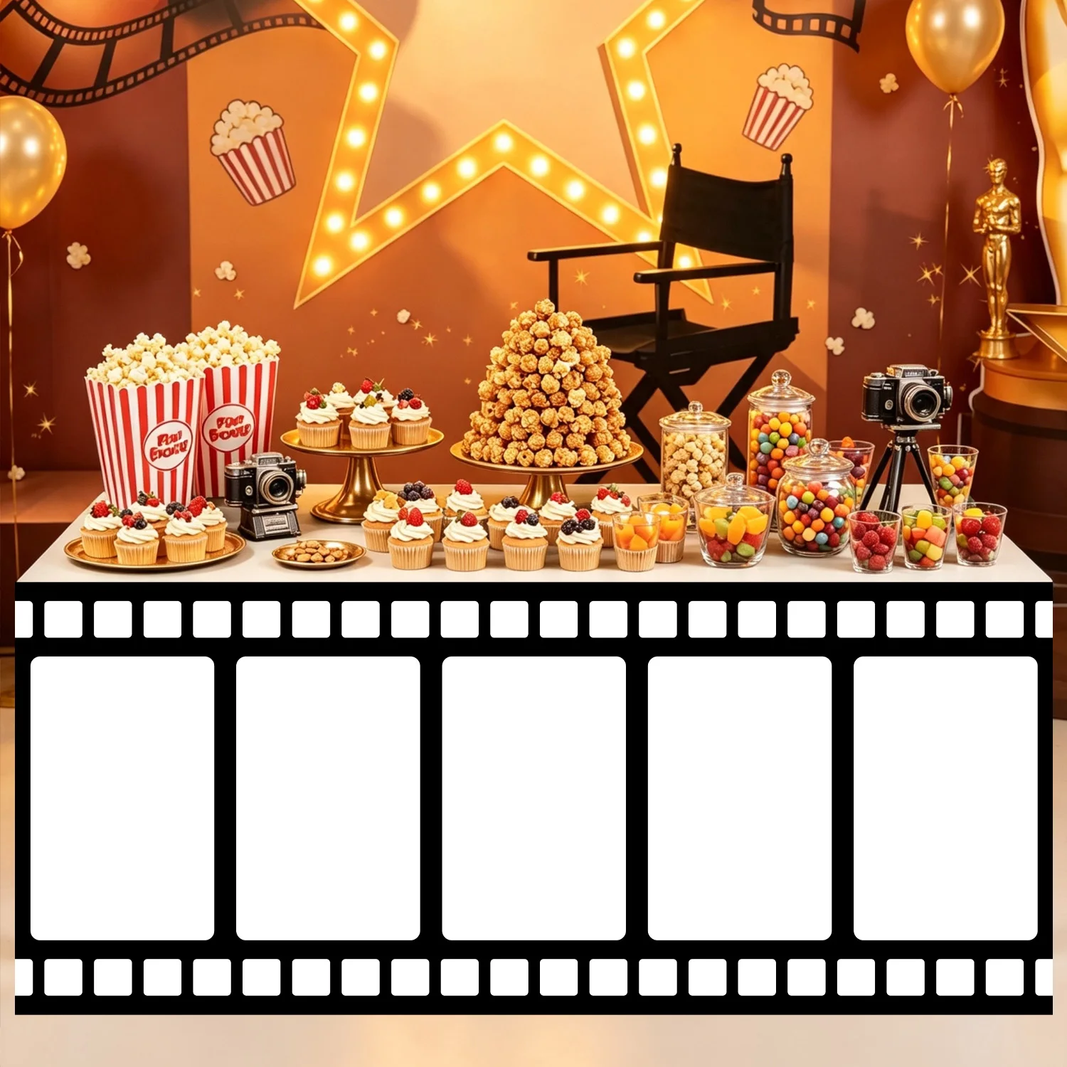 Hollywood Movie Night Table Skirt, Black Film Strip Design Tablecloth for Cinema Theme Birthday Party Decor