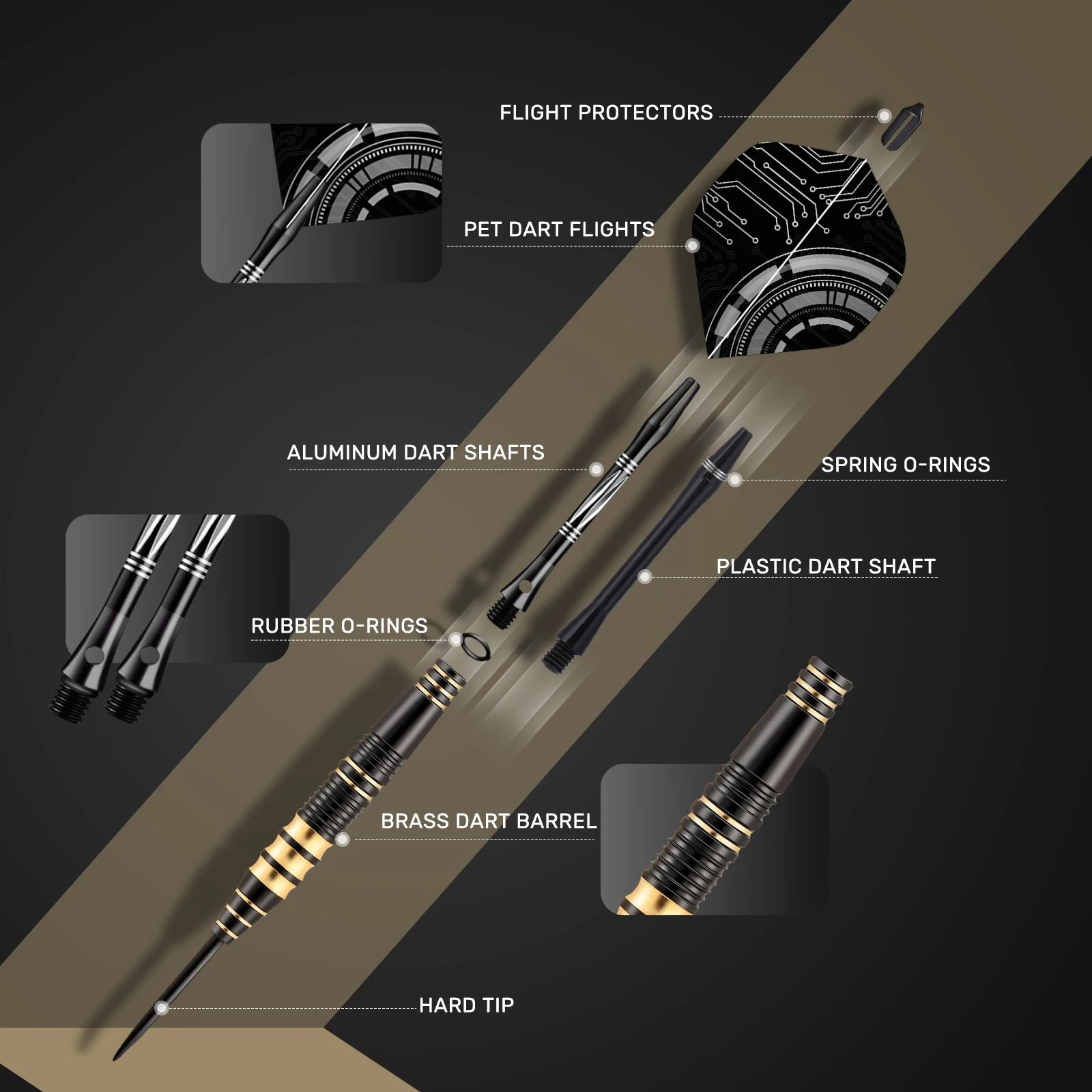 مجموعة رمي السهام النحاسية الذهبية السوداء الاحترافية المكونة من ثلاث قطع من Huanqu تأتي مع صندوق تخزين محمول وإكسسوارات إضافية، سهام إبرة قياسية عالمية مناسبة للمنافسة والممارسة #5