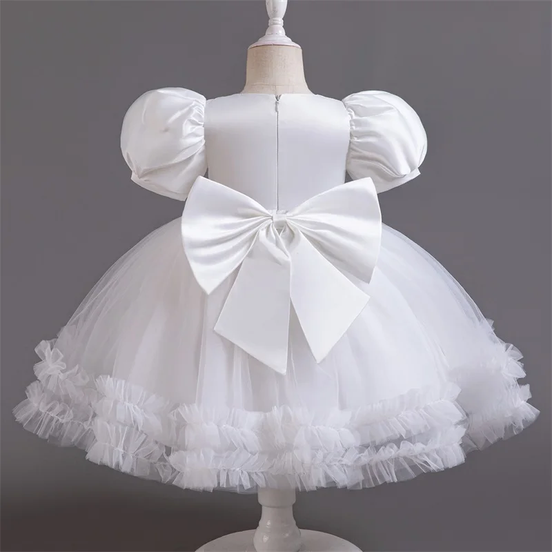 Baby Girl Wedding Dress Bow Newborn Baptism Dress Baby Girl Tutu 1 Year Birthday Party Dresses Puff Sleeves Toddler Kids Clothes