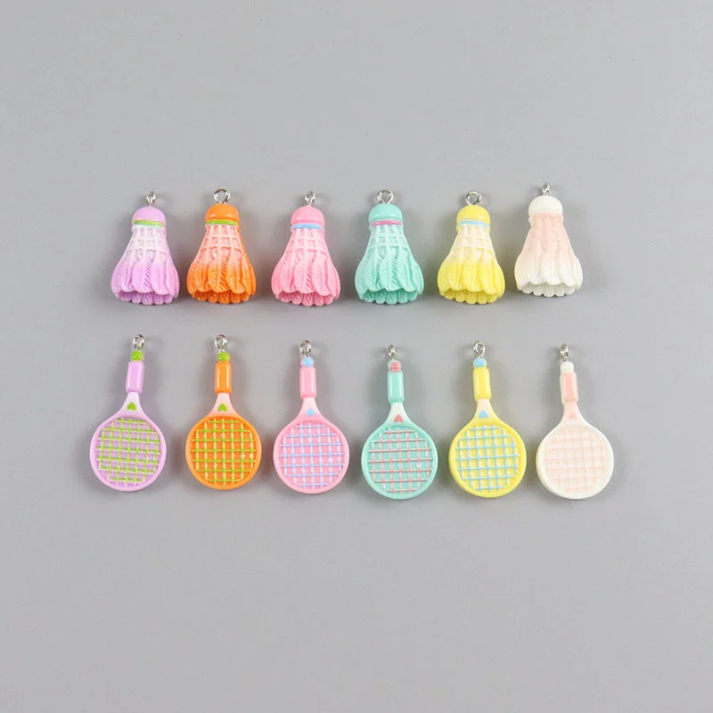 10Pcs Mini Shuttlecock Badminton Racket Resin Charms With Rings Sports Pendant For Bag Key Chain Phone Handmade Creafts Ornament