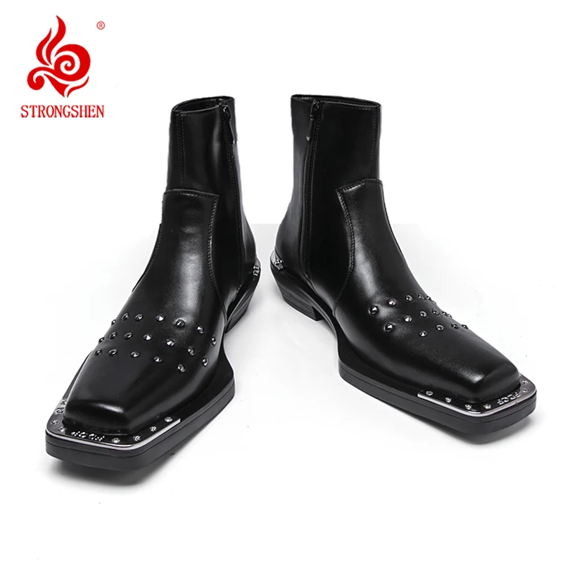 Trendy Square Head Chelsea Ankle Boots Men Autumn Casual Party Outdoor Zipper Design Featuring Metal Decorations Leather Shoes