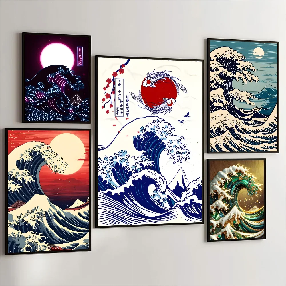 1pc Vintage Great Wave Off Kanagawa Art Poster Movie Sticky Retro Kraft Paper Sticker Room Bar Cafe Aesthetic Art Wall Painting