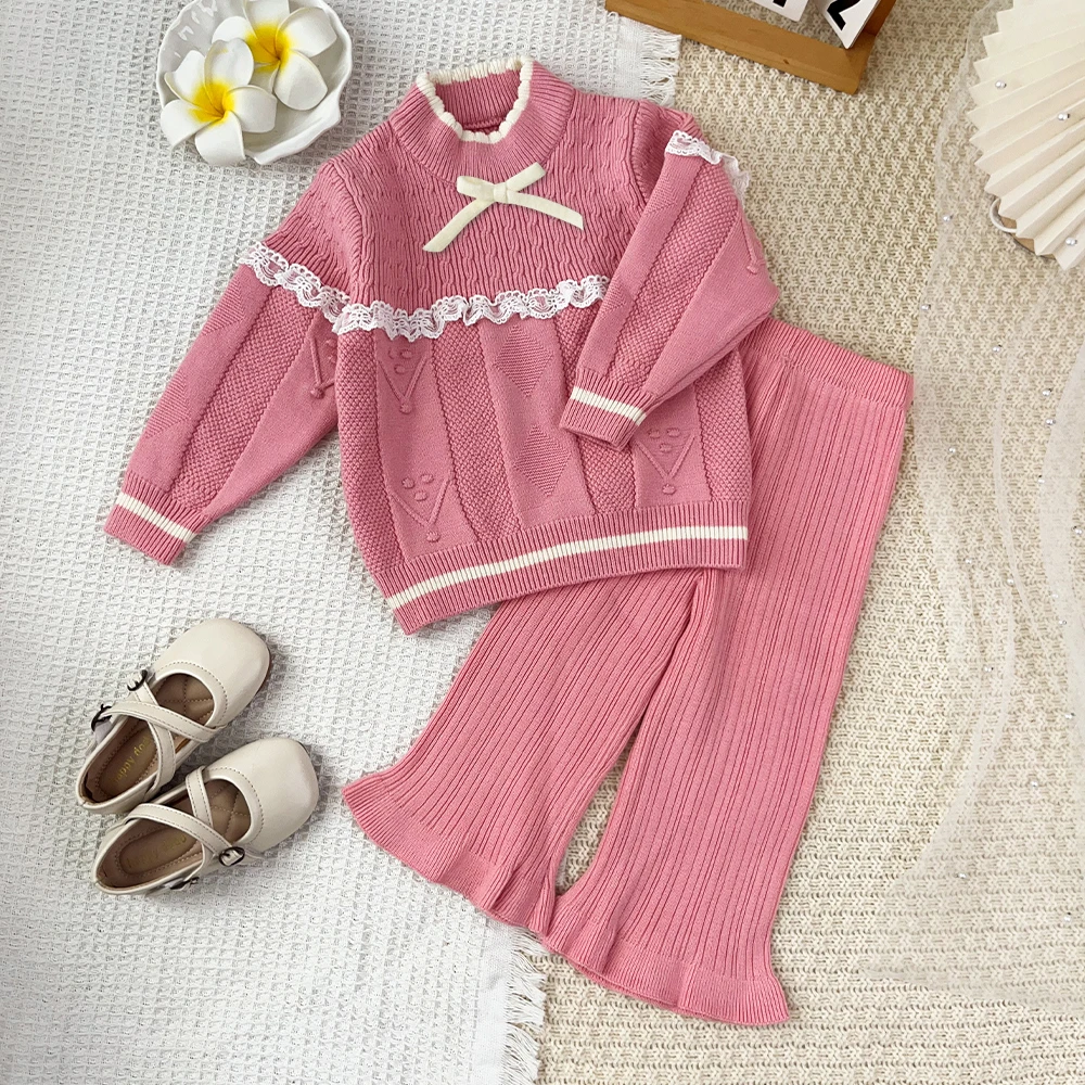 Autumn and Winter Kids Clothes Girls Knitted Sweater Toddler Girl Clothes Color Blocked Long Sleeve Lace Splicing Top + Pants