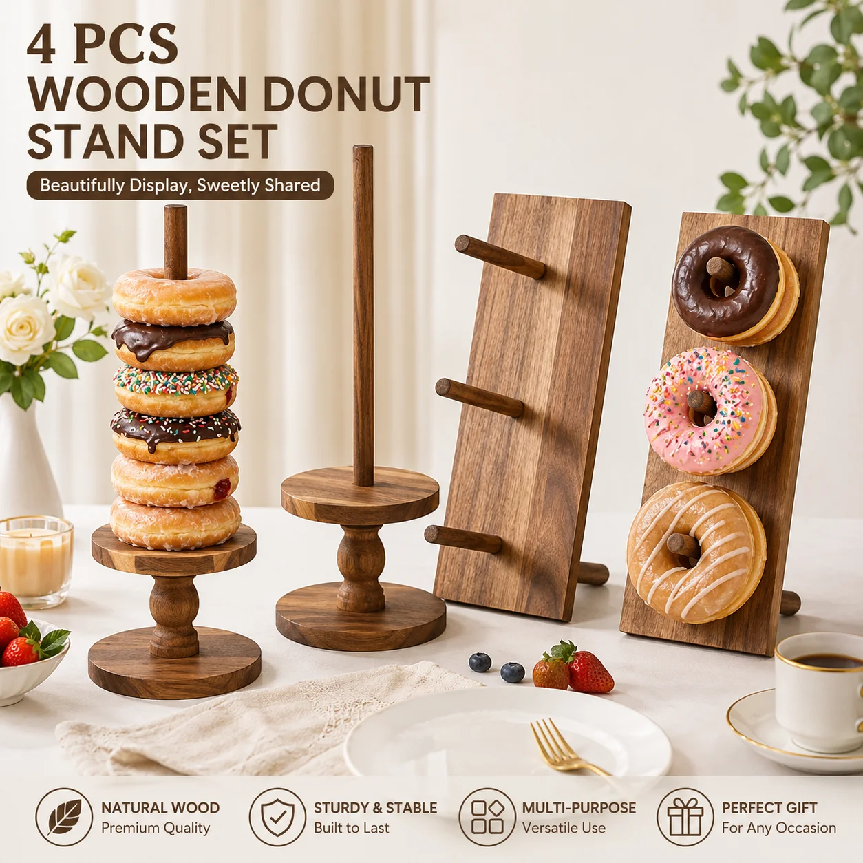 4 Pcs Donut Wall Holders Acacia Wood Donut Stand Bagel Display Stand for Party Dessert Table Birthday Wedding Baby Shower Bridal