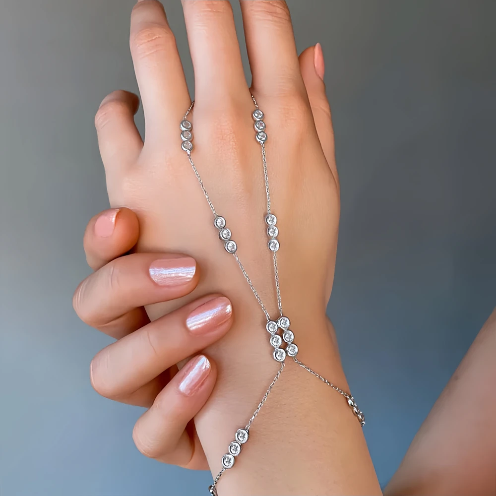 XSBODY Charm Round Crystal Hand Bracelet Chain Hip Hop Hand Accessories Delicate Double Row Rhinestone Finger Bangle Handmade