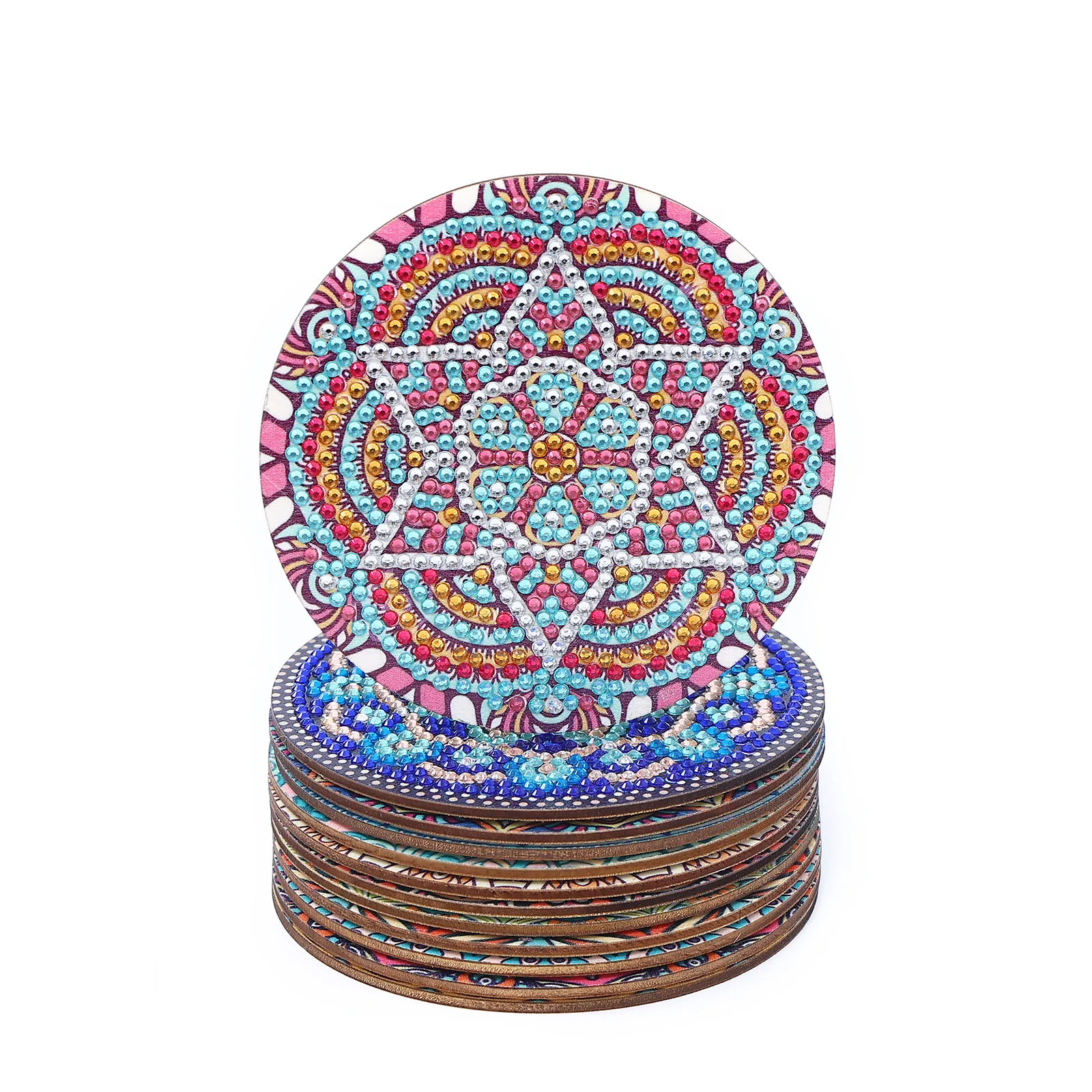 12 Pieces of round Mandala Pattern Artificial Diamond Painted Wooden Wooden Table Art Coaster with Bracket