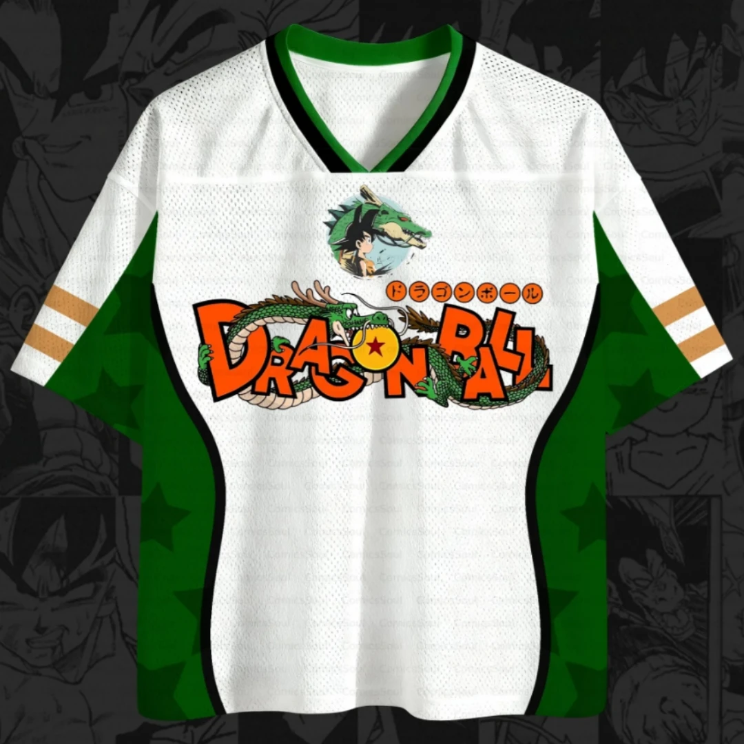 Dragon Ball Dragon Printed Mesh Jersey, White Green V-neck Breathable Anime Cosplay Big Green Dragon Manga Fan Jersey