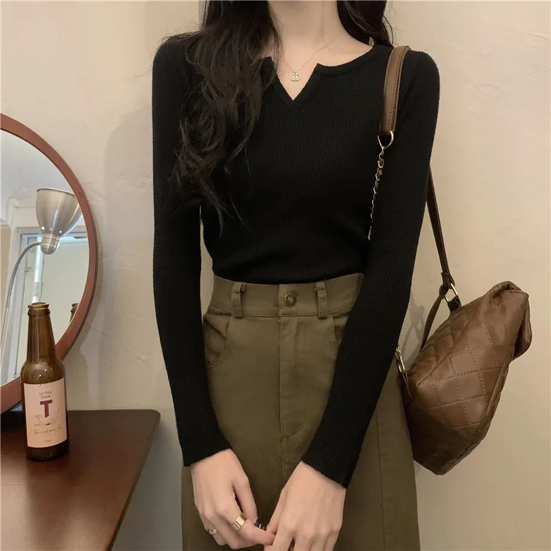 

Slim Fit V-Ne Long Sve Тонкий вязаный свитер Bla Sli Top для женщин Sweet Sle Japanese Faion Осень-зима Базовый слой