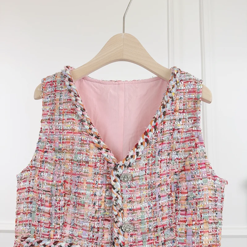 Basic Vintage Wine V-neck Short Vest Coat Women Small Fragrant Wind Woven Tweed Fashion Sweet Sleeveless French Lady Top