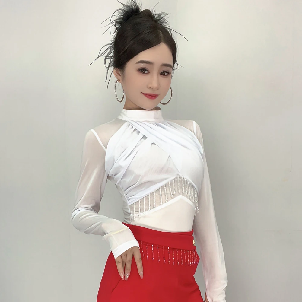 Haut de danse latine pour femmes, manches longues, noir, Samba, rouge, répétition, danse de salle de bal blanche, une pièce, perle, bal de taureau, danse