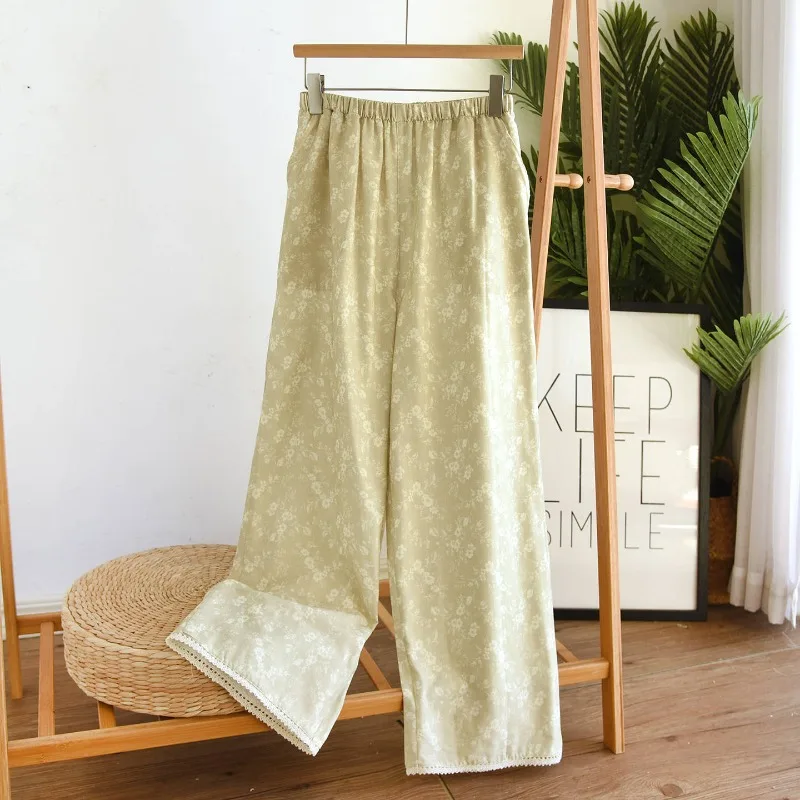 2027 New Spring/Summer Women's Sleeper Pants 100% Cotton Double layer Gauze Lace Retro Floral Fragrant Sweet and Cute Home Pants