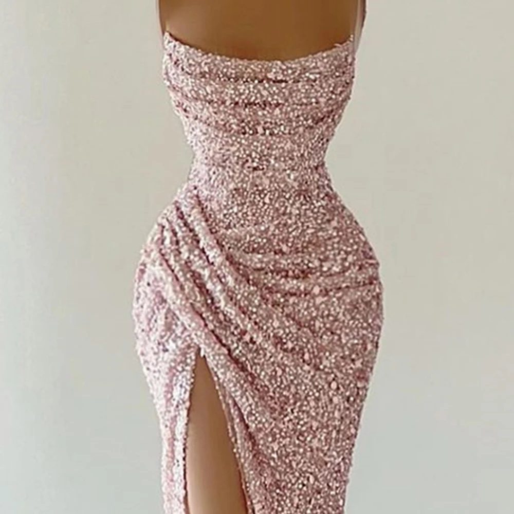 Pink Sequined Evening Dresses 2023 Sexy Sleeveless Strapless Pleated Mermaid High Side Split Prom Gowns Formal Occasion Party