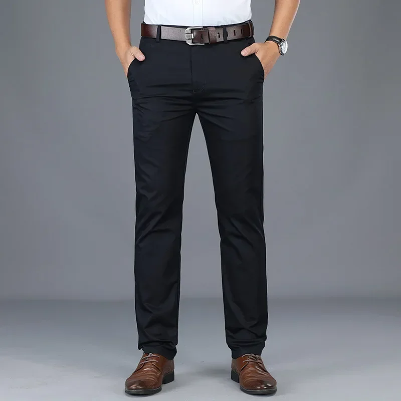High Quality Soft Thin Cotton Casual Pants Mens Clothing Straight Office Business Green Black Khaki Trousers Male Brand