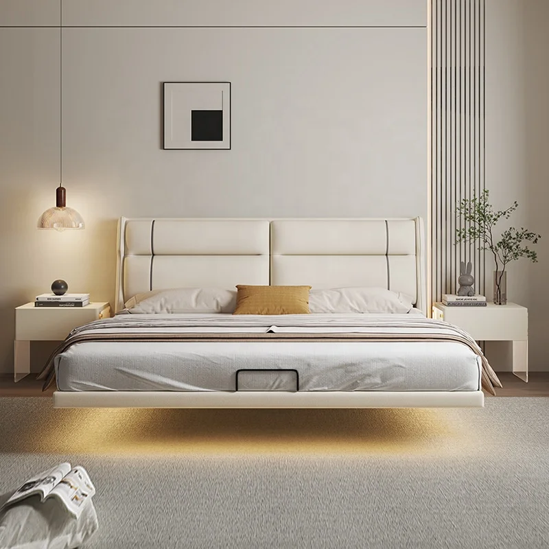 Nevan Luxury Modern King Size Upholstered Suspended Beds Storage Modular Design Apartment Bedroom Furniture Solid Wood Frame