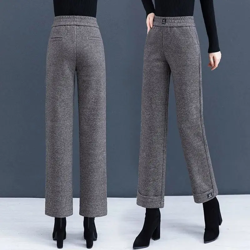 Simplicity Fashion Autumn Winter Woolen Pants Women Solid Pockets High Waist Plus Velvet Straight Wide Leg Ankle Length Trousers