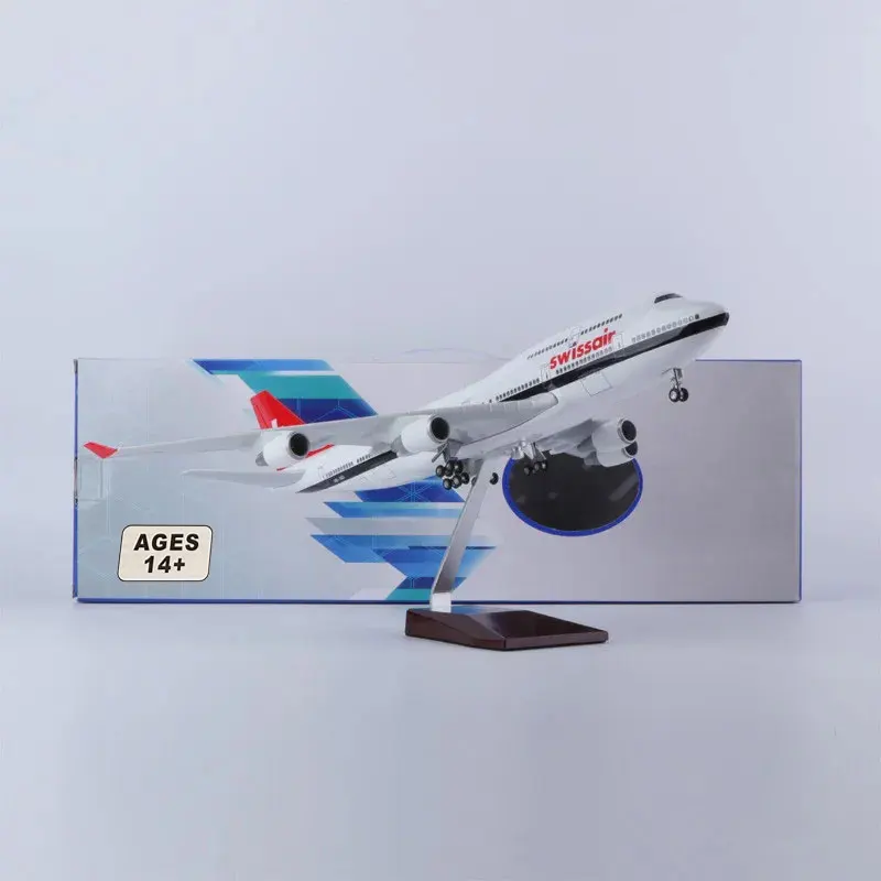 

47CM 747 Switzerland Airplane Model 1:150 Scale Resin Collection Plane With Wheel Led Light Display Collectible Gift