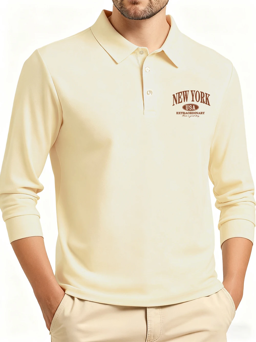 Polos con estampado de palabras de Nueva York y EE. UU., camisetas con solapa de otoño para hombre, camisetas de manga larga para ir al trabajo, ropa de trabajo informal básica para hombre