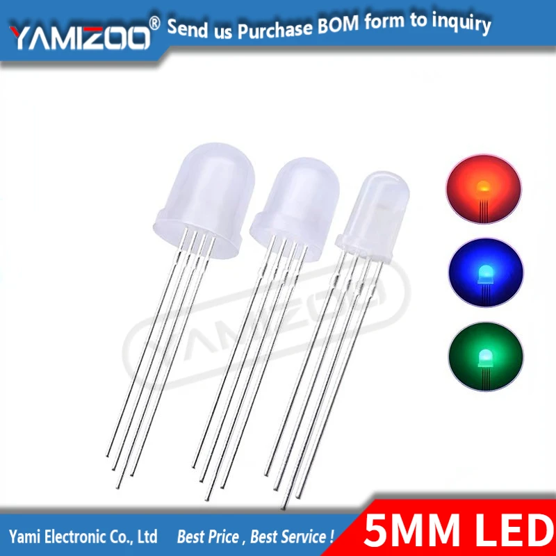 50pcs 5mm Full-color LED RGB Red, Green And Blue Four Feet Transparent Highlight Color Controllable Seven Lights Common Anode