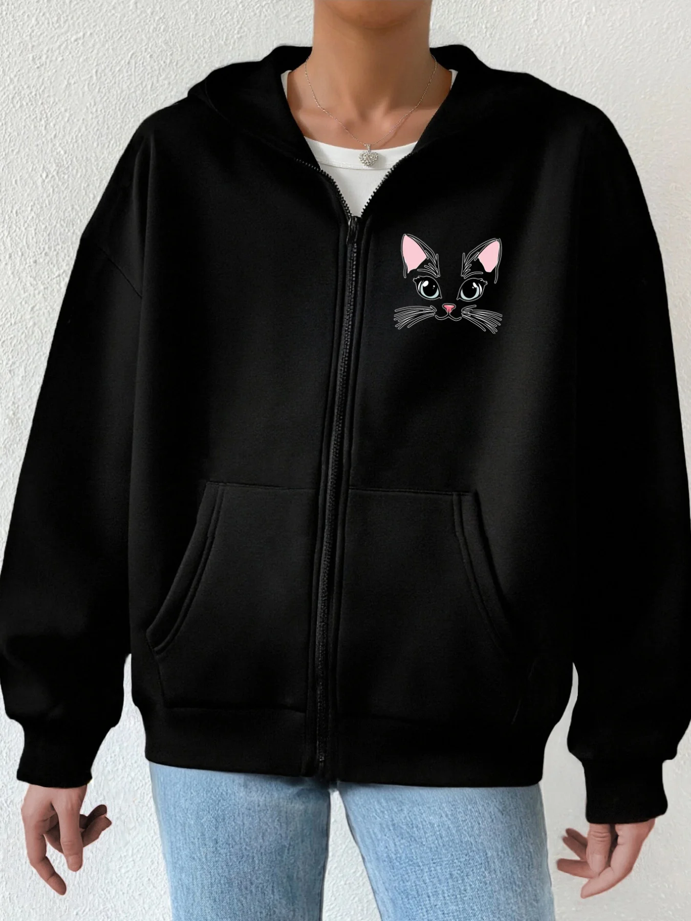 Winter Cute Cat Big Eyes Pink Ears Zip-Up Hoodie Y2K Style Front Back Patterns Printed Casual Hooded Jacket Street Athletic Wear
