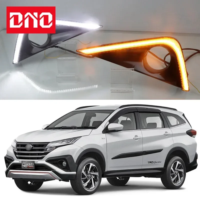 

Car LED DRL 12V Daylights For Toyota Rush 2018 2019 Yellow Turn Signal Daytime Running Headlamps Auto Driving Lamp Foglamps