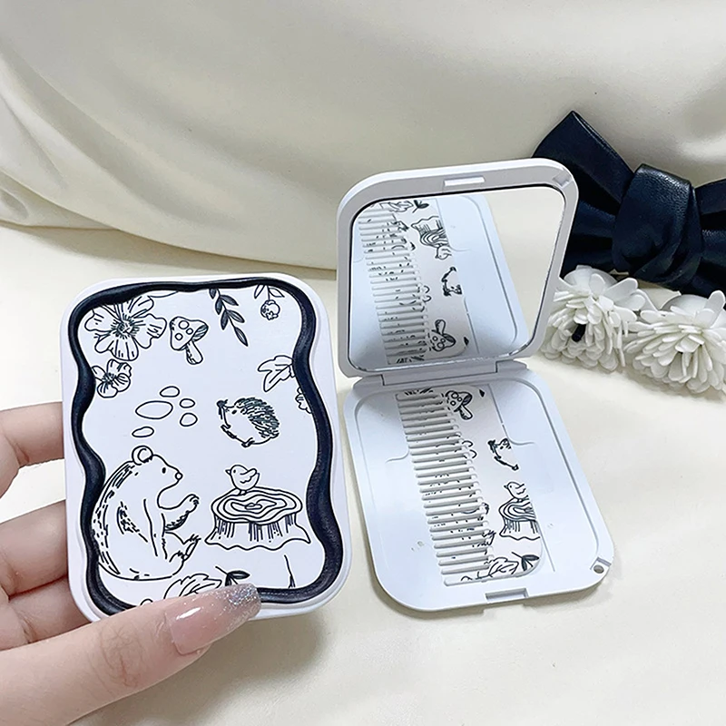 Semplice riccio Flip-Top specchio per il trucco pieghevole specchio tascabile portatile specchio cosmetico rettangolare con pettine per donne ragazze