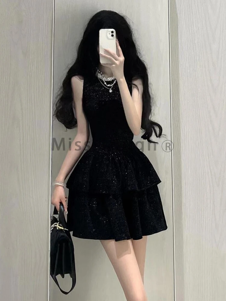 French Black Vintage A-line Dress Women 2024 Summer Sequins Y2k Design Elegant Even Party Dress Female Solid Korea Style Clothes