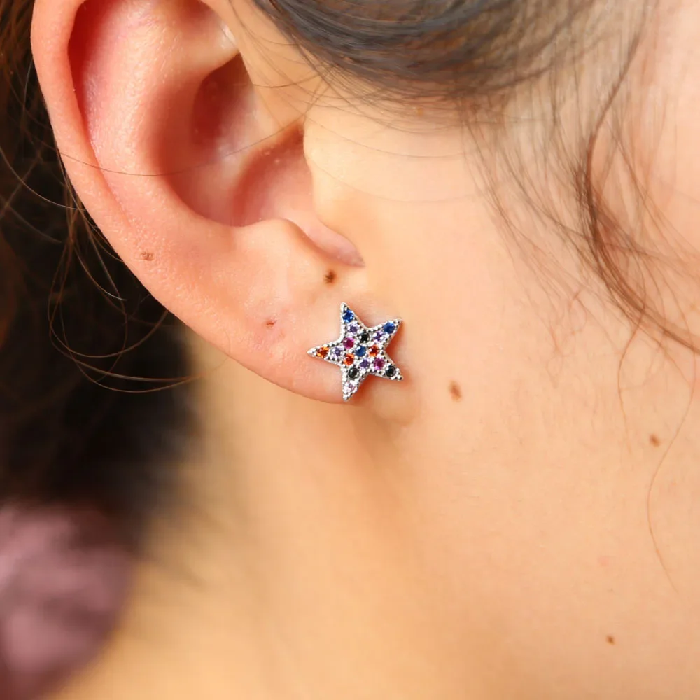 925 sterling silver multi color cubic zirconia cz star stud earring for girl rainbow mix color cutest christams star silver stud