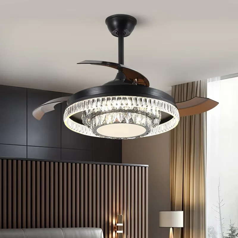 Crystal LED Ceiling Fan Lights Invisible Blades Remote Control  Chandelier Ceiling Fans Lighting Living Room Dining Bedroom Fan