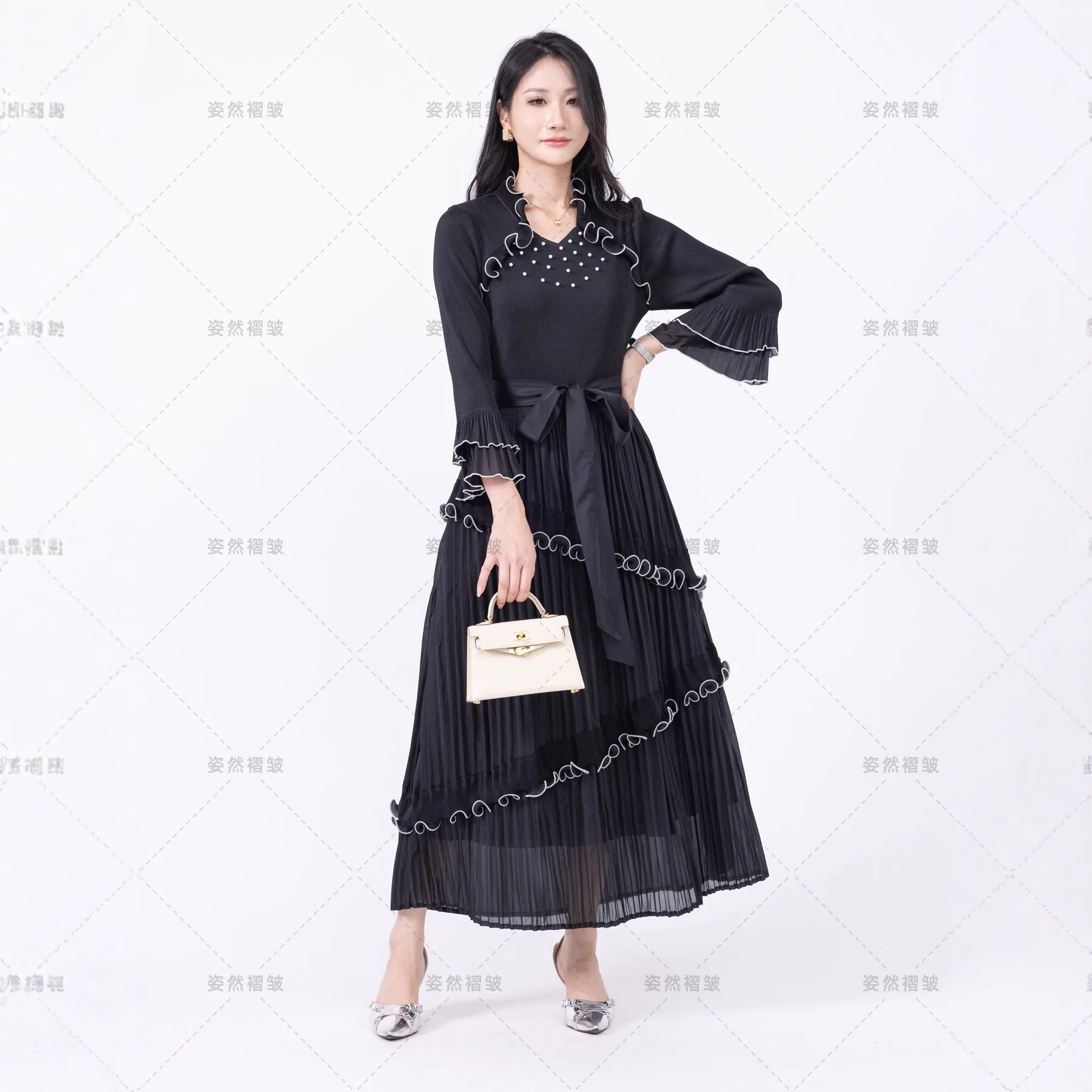 Afircan Women Dresses Spliced Party Dress Ankle Length Vestidos Pleated Folds 2026 Slight Strech Africa O Neck Long Sleeve