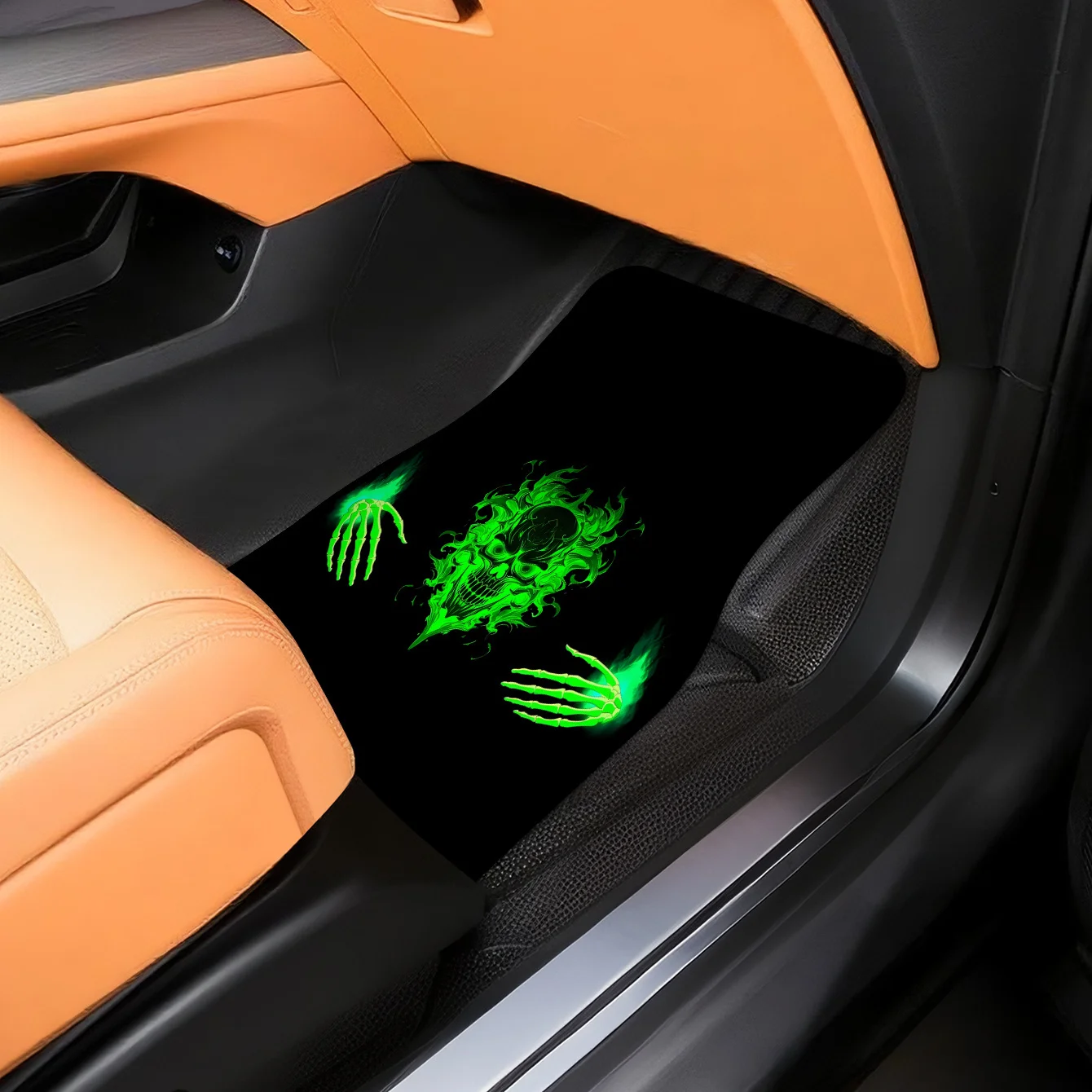 Universal Front And Rear Mats Featuring A Green 2D Flat Skull Pattern With A Fully Loaded Punk Texture