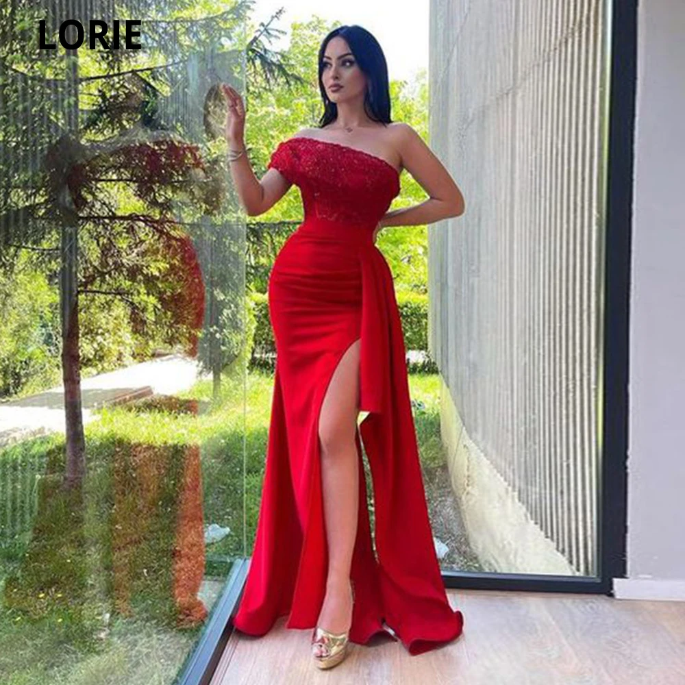 LORIE Red Strapless Full Length Prom Dresses 2022 High Slit Party Dresses Mermaid Lace Appliques Evening Dresses Robes De Soirée