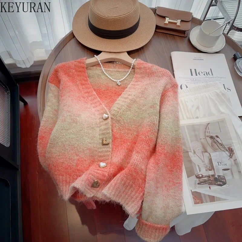 2024 New Autumn Winter Rainbow Gradient Mohair Sweater Coat Women Korean Fashion Chic V-Neck Long Sleeve Knitted Cardigan Jacket