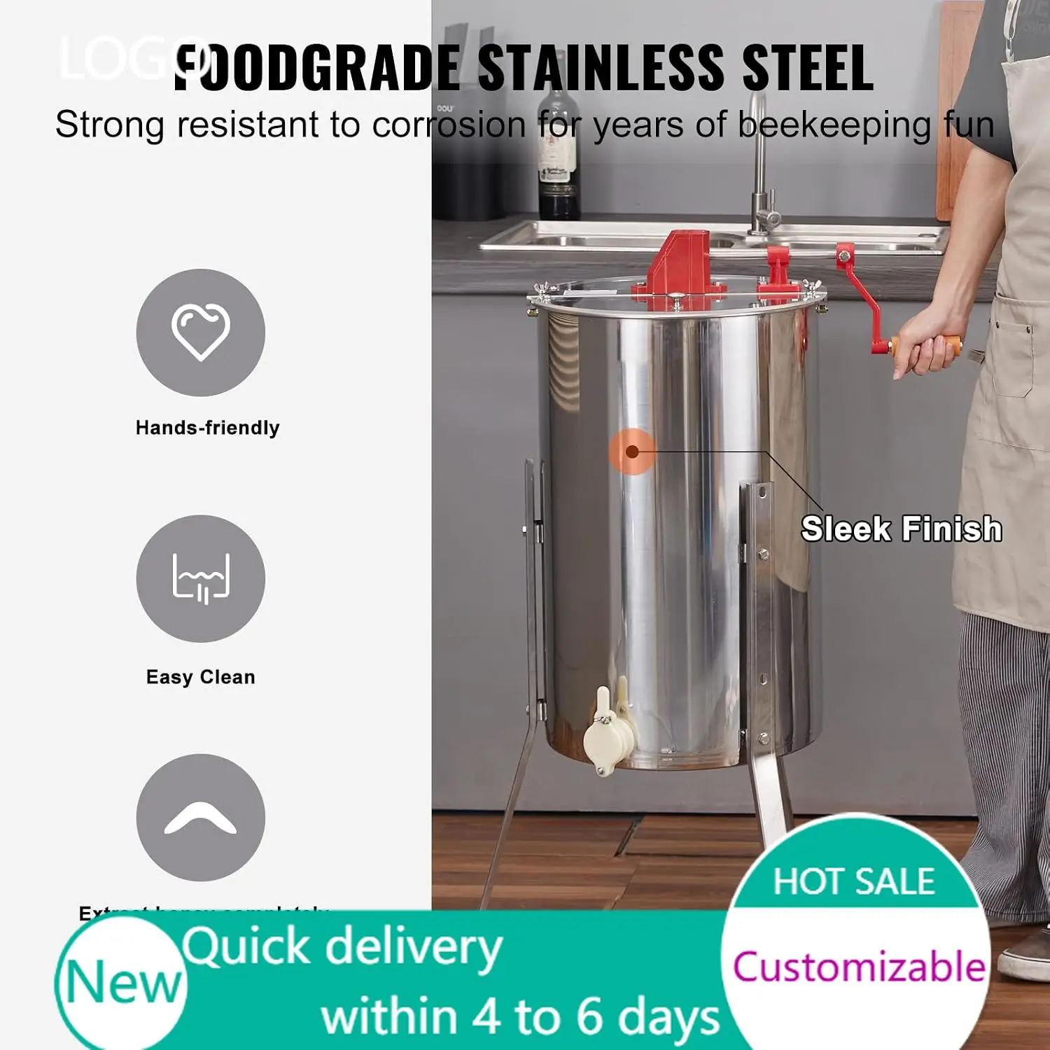 2/4 Frame Manual Honey Extractor Stainless Steel ExtractionEquipment | with Hand Crank, Clear Lid and Height Adjustable Stand