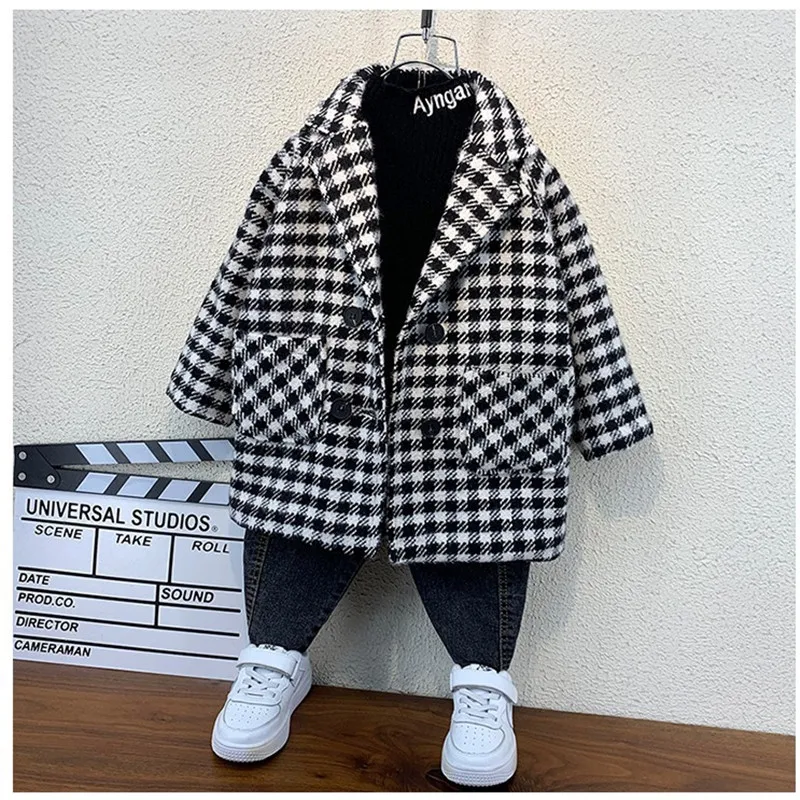 Boys Woolen Coat For Winter 2024 New Fashion Turn Collar Houndstooth Plus Cotton Children Autumn Jacket Outerwear High Quality