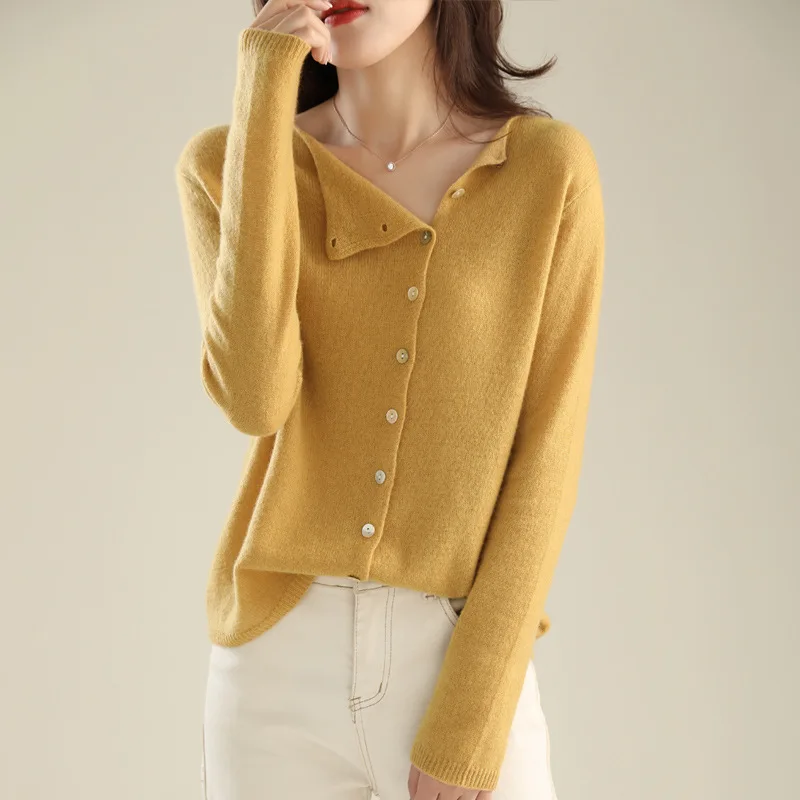 Autumn 2024 single-breasted cardigan, low crew neck thin knitted top with long sleeves