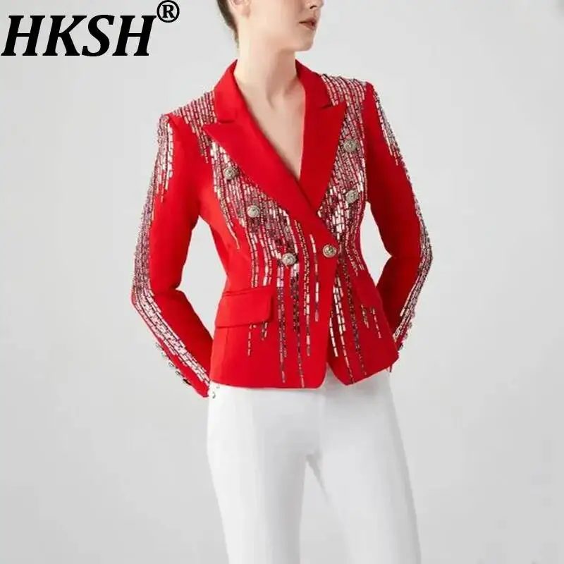 HKSH Women Blazer Heavy Sequins Embroidered Flares Double Breasted Solid Color Elegant Slim Fit Suit-Coats Spring Autumn HK25133