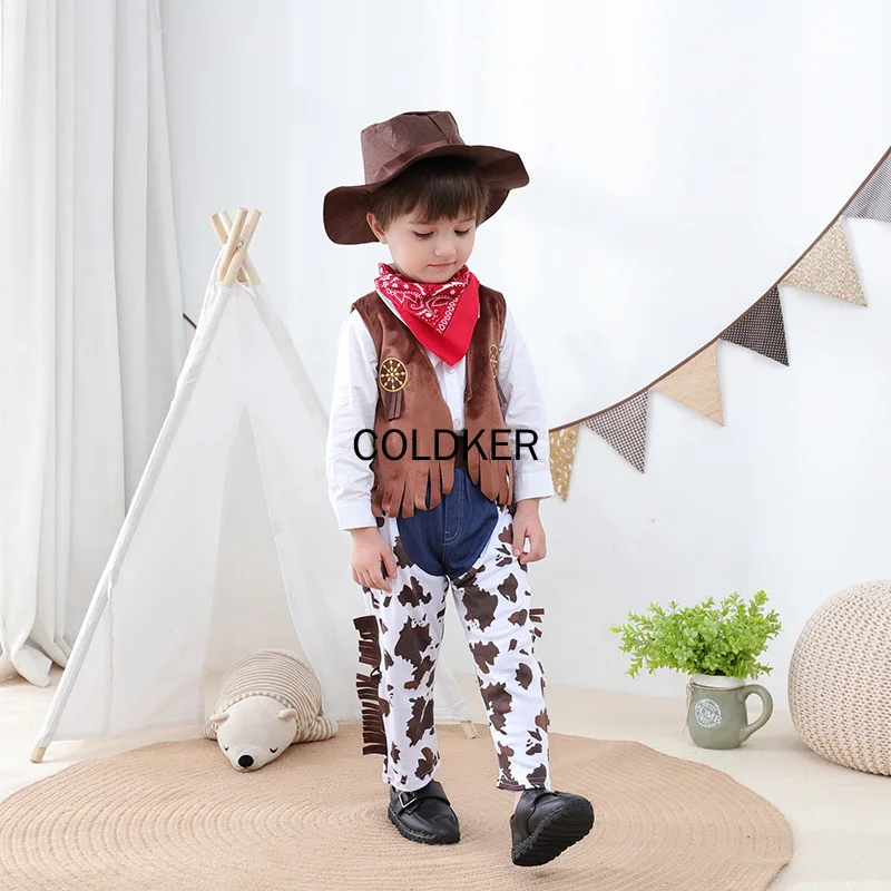 Meninos oeste cowboy traje para crianças cosplay colete chapéu cachecol calças 4 pçs conjunto halloween purim festa fantasia vestir-se