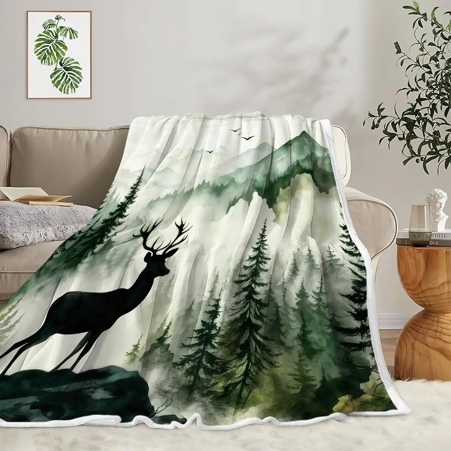 Light Green Watercolor Misty Forest Stag Deer Flannel Throw Blanket Soft Cover for Couch Indoor Nature Wild Animal Aesthetic