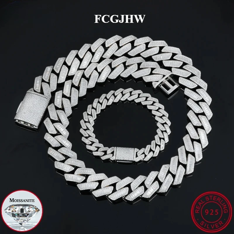 FCGJHW High Quality Unisex Geometry Iced Out Baguette VVS1 Moissanite Cuban Chain Necklace Silver for Men Hip Hop Jewelry 2026