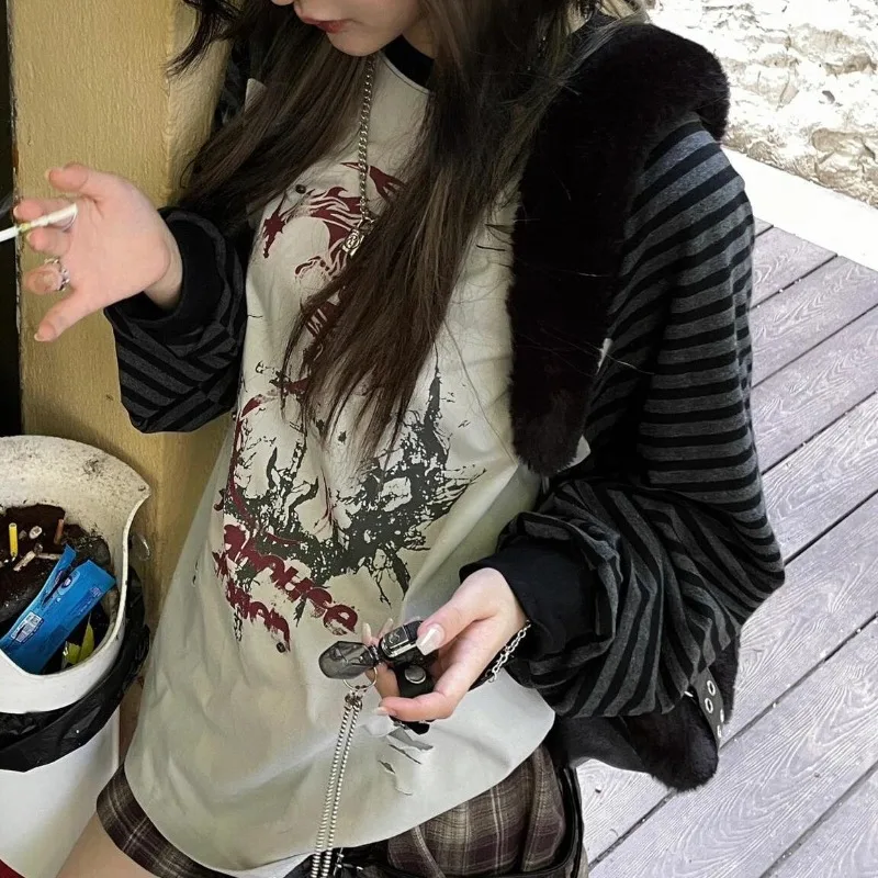 المرأة Y2K Harajuku مخطط كم طويل تي شيرت خمر أنيمي طباعة تصميم تيز أوائل الخريف بلوزات على الموضة غير رسمية الشارع الشهير جديد