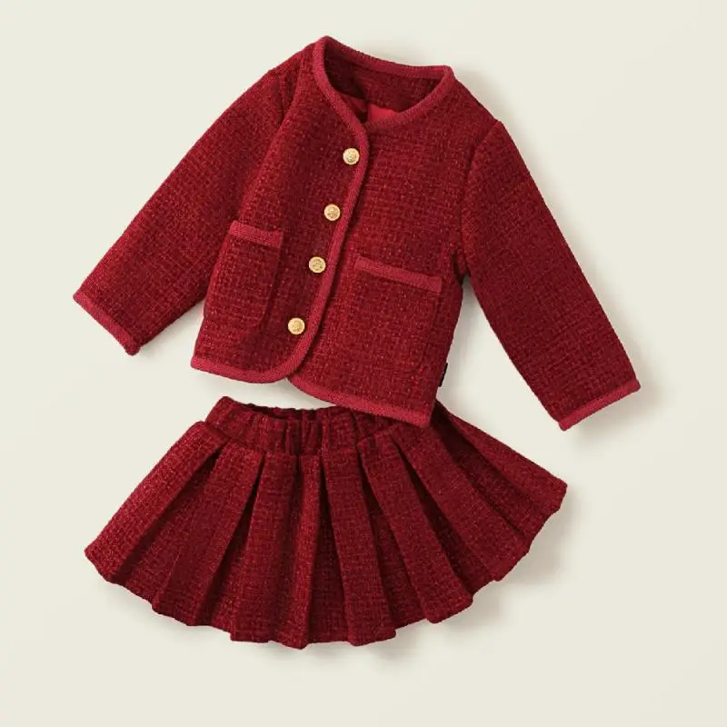 2Pcs Children Christmas New Years Clothes Set Korean Baby Girls Thick Coat with Pleated Skirt Infant Birthday Luxury Skirt Suit